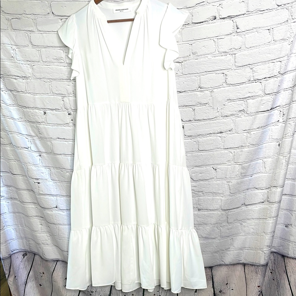 Amanda Uprichard New York White Flutter Sleeve Tiered Maxi Dress Size Large